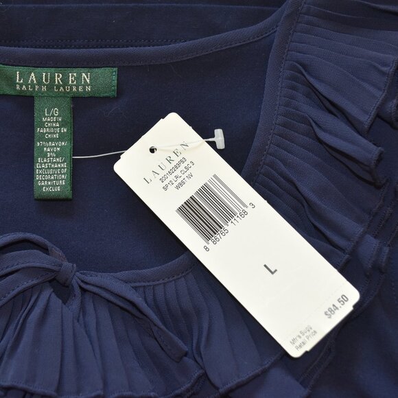 LAUREN RALPH LAUREN WOMEN'S SLEEVELESS NAVY BLUE RAYON RUFFLE BLOUSE LARGE, NWT - Picture 10 of 13